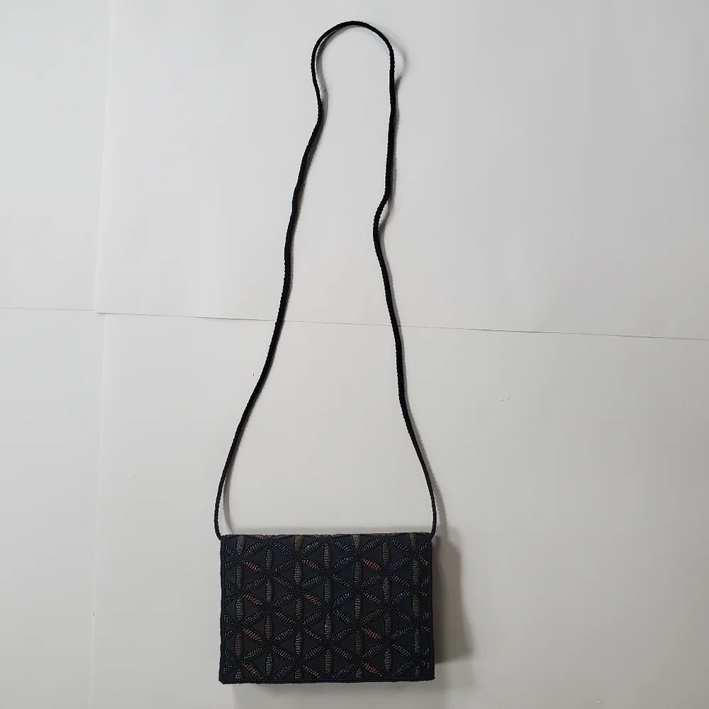Beaded Geometric Pattern Dressy Purse Evening Bag Black and Jewel Tones. - Picture 7 of 10